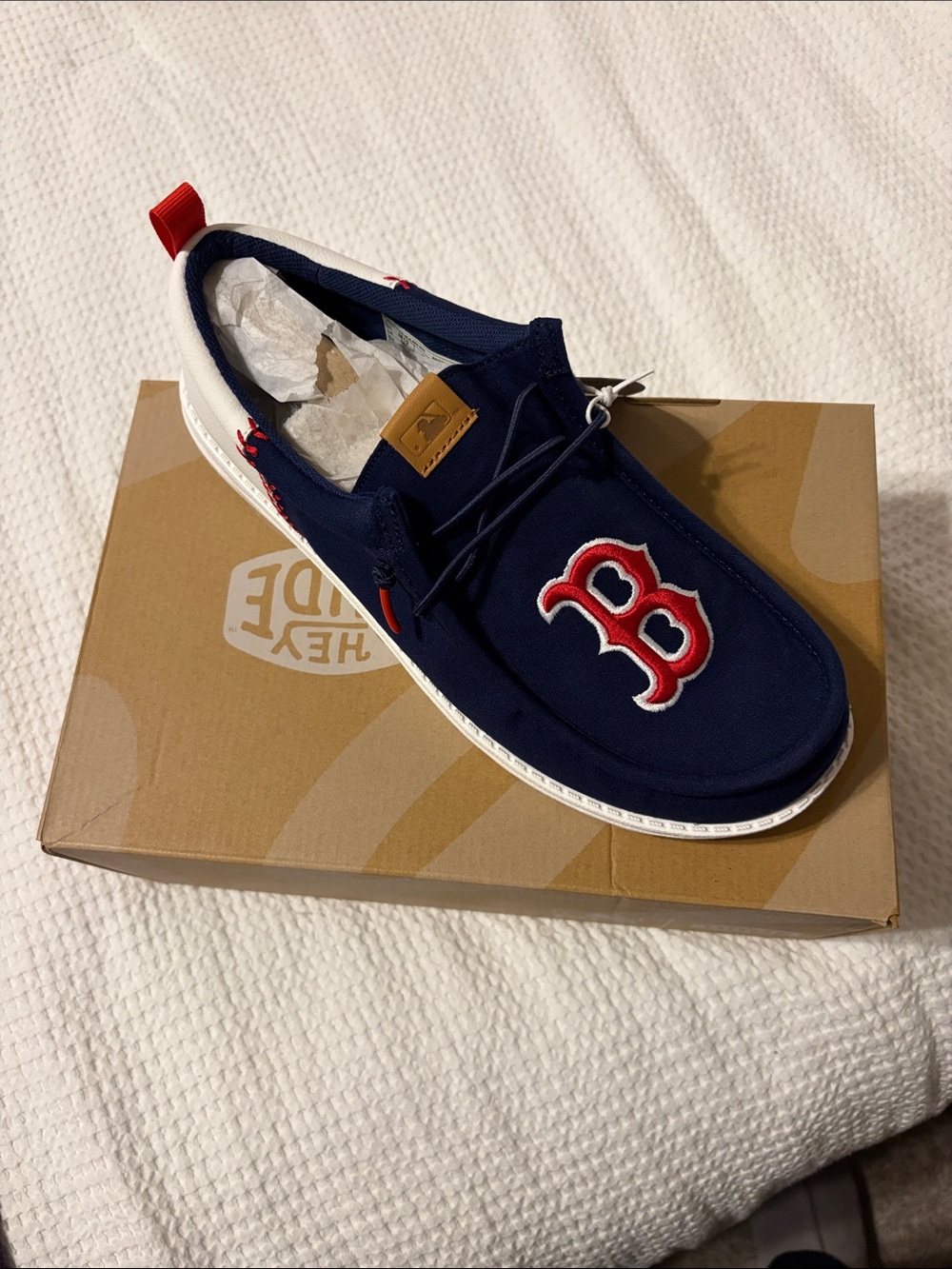Hey Dude Men's Navy Slip-On Loafer with Red 'B' Patch